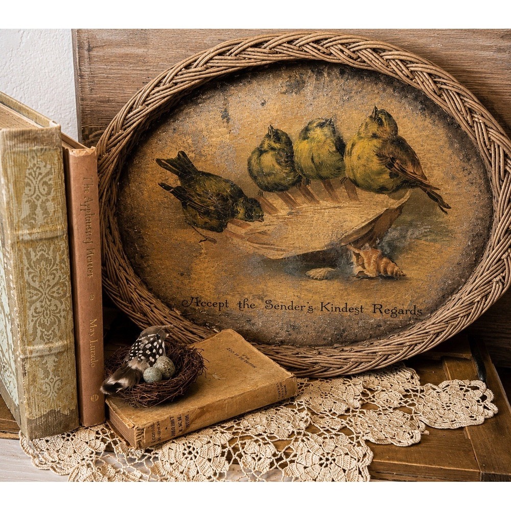 Vtg Cottage Bird Tray Wall Decor Wicker Birds & Shell French Country Farmhouse